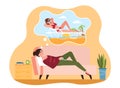 Female character is lying on sofa and dreaming about summer vacation and beach with sea Royalty Free Stock Photo