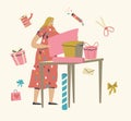 Female Character Making and Packing Gifts for Holidays Celebration, Woman Wrapping Boxes with Decorative Paper and Bows