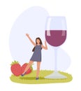 Female character near giant goblet of berry wine. Tasting of alcoholic beverages Royalty Free Stock Photo