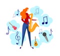 Female Character Playing Jazz, Blues Music by Sax. Royalty Free Stock Photo