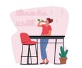 Female Character Pour Alco Drink into Mouth. Woman Stand at Kitchen Desk Drinking Wine from Bottle at Home, Alcoholism