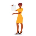 Female Character Presenting Information. Smiling African Woman Show White Empty Clipboard Present and Pointing Subject