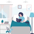 Female character read book in comfortable bed. Cute girl reading book in morning. Woman sits at home in bed with cat and enjoys