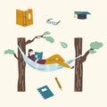 Female Character Relaxing Lying in Hammock Hanging at Trees and Reading Interesting Book