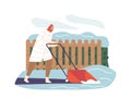 Female Character Remove Snow. Efficient Woman Meticulously Clears Yard From Freshly Fallen Snow, Vector Illustration