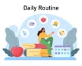 Female character daily routine and schedule. Active and healthy lifestyle