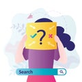 Female character is in search of herself. Woman holding paper with question mark on it. Search bar