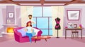 Female character sewing in cosy room flat color vector illustration