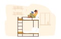 Female Character Sitting with Book on Bunk Bed in Dormitory Room. College or University Student Lifestyle, Studying