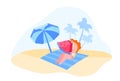 Female Character Sitting on Mat at Sandy Beach under Umbrella Eating Watermelon with Palm Trees around