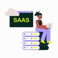 Female Sitting On Servers With SaaS Interface In Flat Vector Illustration Symbolizing Cloud Technology, Data Management