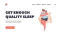 Female Character Sleeping Pose Landing Page Template. Girl Lying on Back Hug Pillow in Bed Top View. People Night Relax
