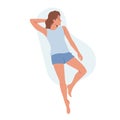 Female Character Sleeping Pose Lying on Back in Bed with Arm under Head Top View. People Night Relaxation