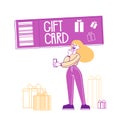 Female Character with Smartphone Stand near Gift Boxes and Huge Gift Card. Festive Sale and Shopping Promotion