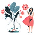 Female character stand with flask bank plant isolated on white, flat vector illustration. Tiny woman hold flower, glass