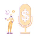 Female Character Stand at Huge Microphone with Dollar Sign Talking about Finance. Money Talks and Financial Radio
