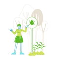 Female Character Stand at Warning Sign with Mite Image on Forest Background with Trees. Girl Tourist or Hiker in Danger