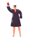 Female character student standing and hand hold diploma, woman university graduate in hat wear cartoon vector