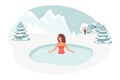 female Character Swimming in Ice. Healthy lifestyle challenge, sport activity concept. Hole in Winter Season. Woman Temper,