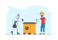 Female Character Throw Covid Waste to Litter Bin with Bio Hazard Symbol. Woman Put Used Medical Mask in Container