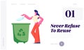 Female Character Throwing Trash into Litter Bin Container with Recycling Sign. Ecology Protection, Earth Pollution Problem