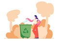 Female Character Throwing Trash into Litter Bin Container with Recycling Sign. Ecology Protection, Earth Pollution Problem