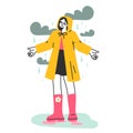 Female character under the rain. Rainy and cloudy weather in summer