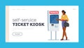 Female Character Use Self Ordering Tickets Service Landing Page Template. Woman Choose Route on Digital Device Screen