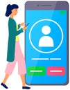 Female character uses smartphone to call chatting in messenger. App for communication in smartphone