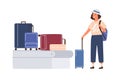 Female character waiting and pick her baggage from conveyor belt. Young woman tourist stand with suitcase and hold
