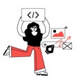 Female character web designer. Website development. Coding and programming