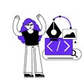 Female character web designer. Website development. Coding and programming