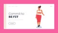 Female Character Weight Loss Concept Landing Page Template. Plus Size Fat Woman Wear Sports Suit Stand on Scales Royalty Free Stock Photo