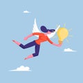 Female Character with White Wings and Glowing Light Bulb in Hand Flying in Sky. Businesswoman Have Creative Idea