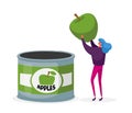 Female Character Work on Canning Factory. Woman Inspecting Green Apple before Putting to Tin Can. Healthy Food Industry