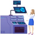 Female character working on project in scientific lab with equipment, searching for information Royalty Free Stock Photo