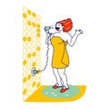 Female Character Wrapped to Towel Singing in Bathroom in Hair Dryer. Funny Girl Having Fun after Shower