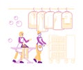 Female Characters Employees of Professional Cleaning Service Working Process Ironing Clean Clothes, Push Trolley