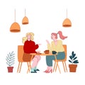 Female Characters Friendship. Couple of Girl Friends Sitting at Table with Sweet Food Drinking Beverages