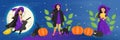 Female characters for Halloween set. A cute witch in a cloak and stockings flies on a broomstick, a black cat, pumpkins Royalty Free Stock Photo