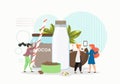 Female characters making chocolate, coconut and almond milk, flat vector illustration. Vegan lactose free beverages.