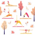 Female characters practice yoga in the park. Outdoor yoga concept. Seamless pattern.