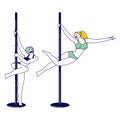 Female Characters Practicing Pole Dance Concept. Couple of Young Sexy Girls Pole Dancers Training and Exercising Royalty Free Stock Photo