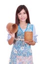 Female chef with bamboo rice box Royalty Free Stock Photo