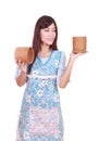 Female chef with bamboo rice box Royalty Free Stock Photo