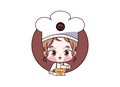 Female chef. Cute girl kawaii bakery shop logo cartoon. Baker girl with bread