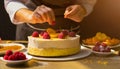 Female chef decorating cakes with fruits on the table