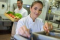 female chef garnishing meal on counter in commercial kitchen Royalty Free Stock Photo