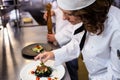 Female chef garnishing meal on counter Royalty Free Stock Photo