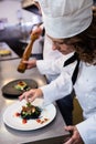 Female chef garnishing meal on counter Royalty Free Stock Photo